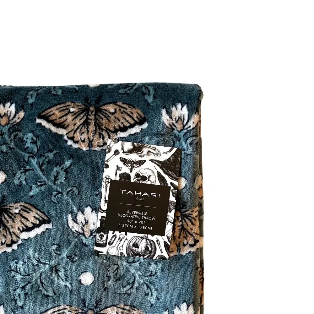 Tahari MOTHRA Reversible Throw 50x70 Plush Halloween Blanket Green Beige NEW